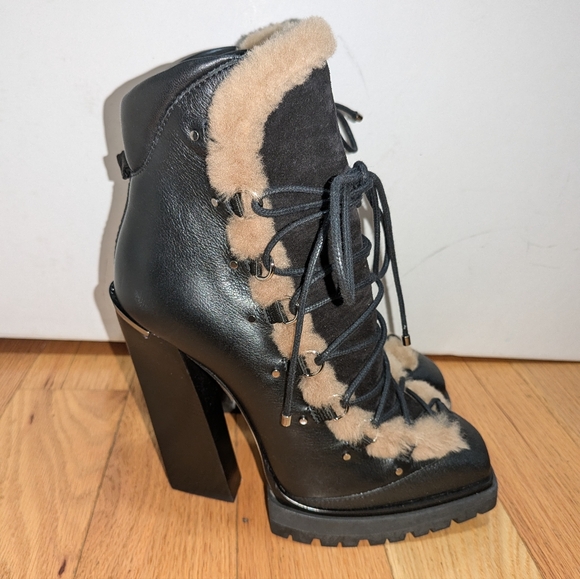NEW JIMMY CHOO MADYN 130 SHEARLING TRIMMED LACE UP LEATHER ANKLE BOOTS - Picture 5 of 12